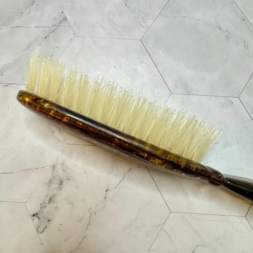 Vintage Amber Lucite Hair Brush Faux Tortoise Shell Nylon Bristles Floral Enamel